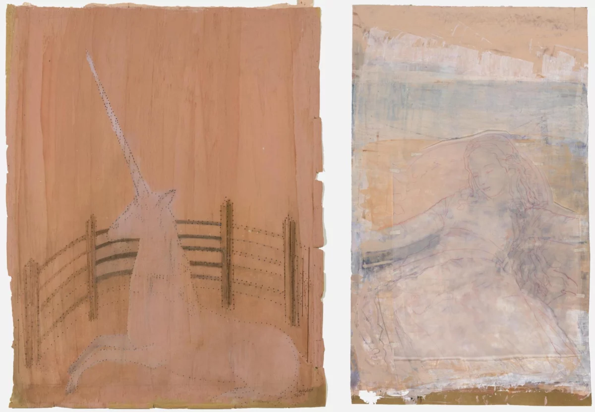 To-My-Sole-Desire,-2024,-Mixed-media-on-paper,-67-x-52cm-(cropped)-and-Sleeping-Princess,-2025,-Mixed-media-on-paper,-90-x-50cm